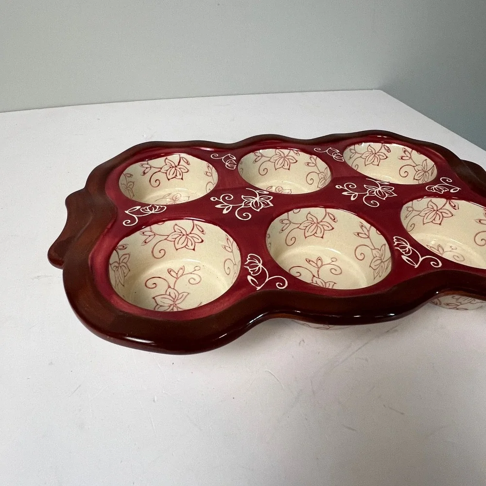 Temp-tations Muffin Pan 6 Cup Cranberry Red Floral Lace Ceramic Stoneware Baker